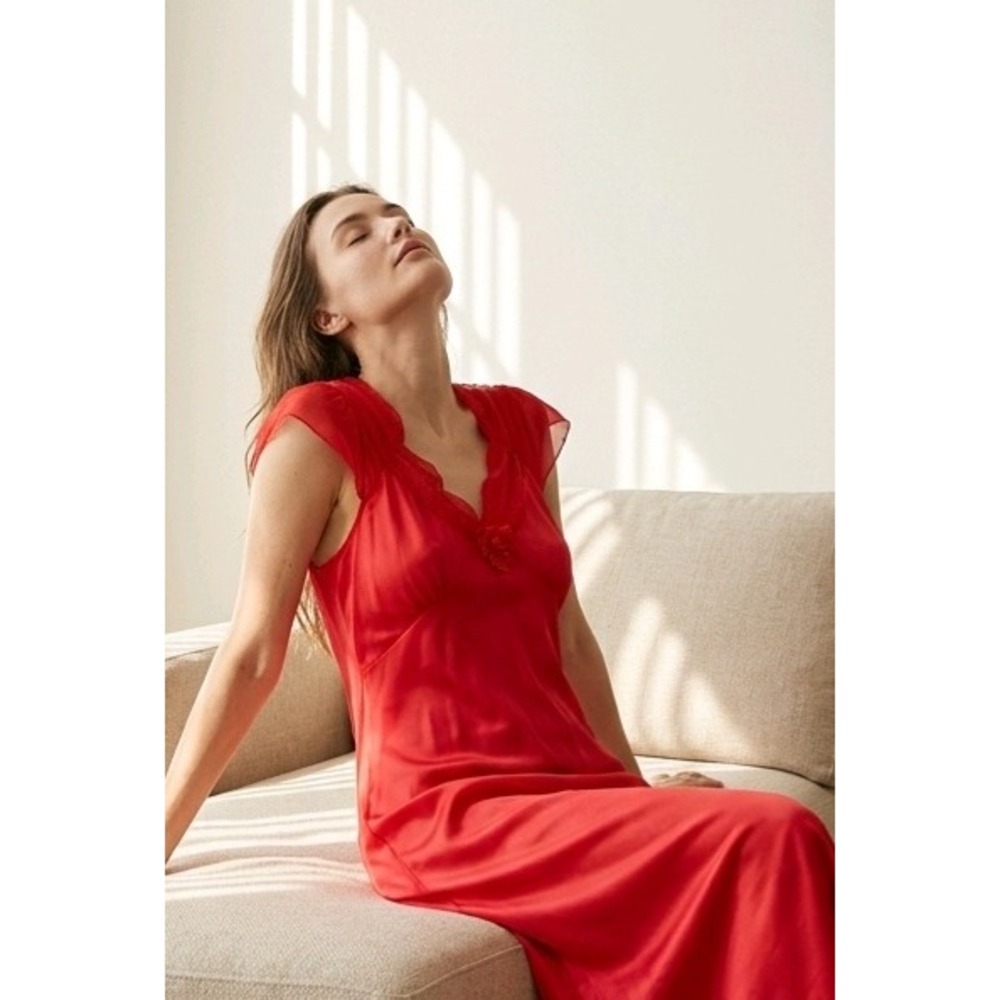 Vintage M Cachet Red Nightgown Dress 80s 90s Beaded Lace Medium 12-14